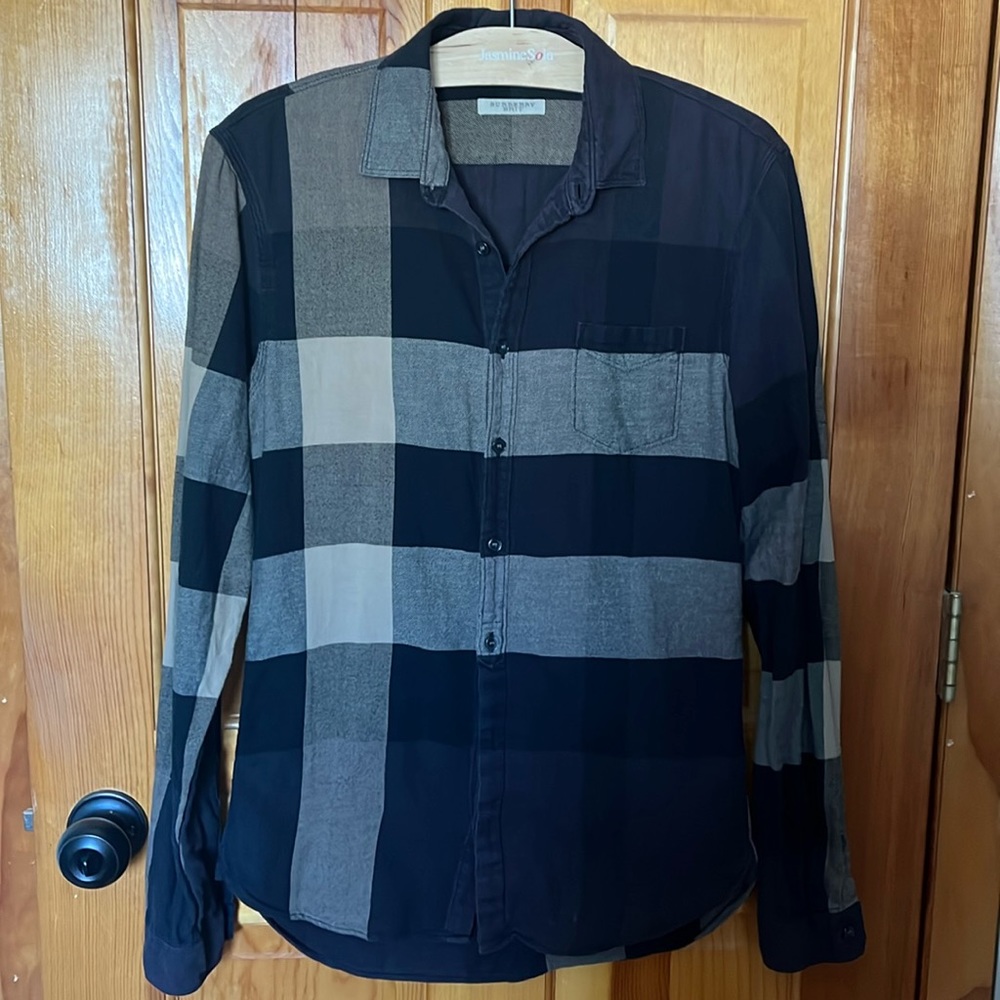 BURBERRY BRIT Black Tan Plaid Flannel Checked Button Down